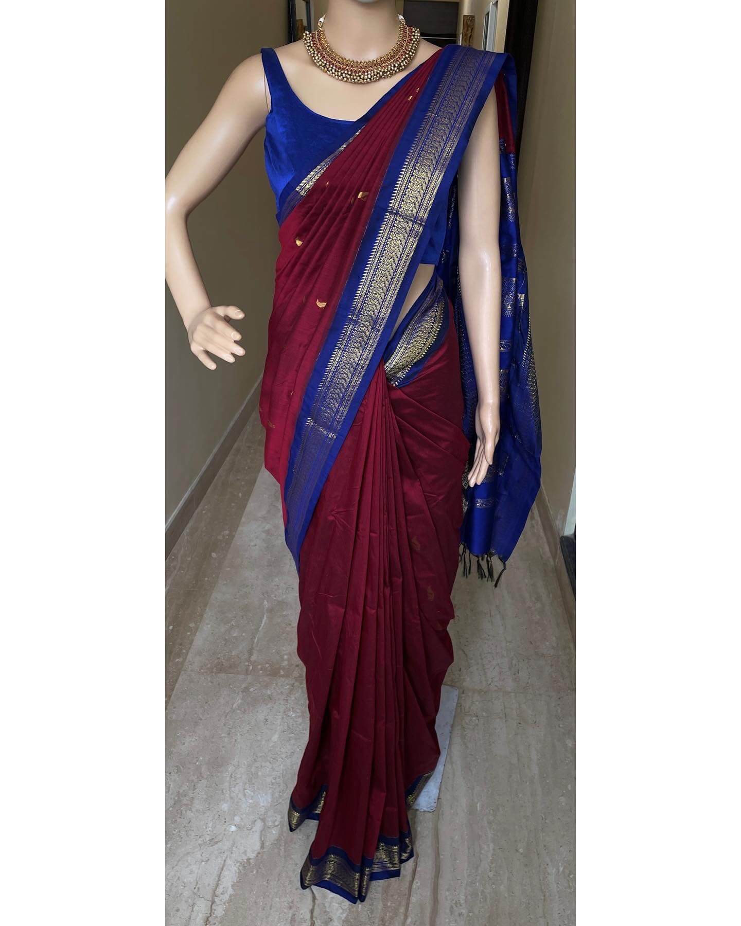 Peacock Splendor: Reddish Maroon Cotton Silk Saree With Blue golden peacock Border
