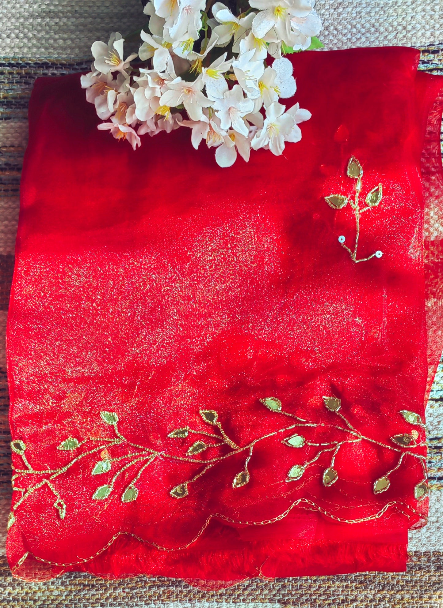 party Wear Organza Cut work Red color saree