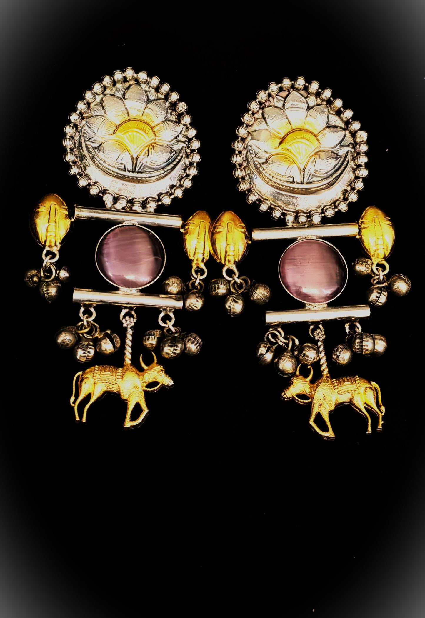 Fancy Dual Shade Hanging Brass Earrings, Highlighting Bull Motif and Stone Embellishments