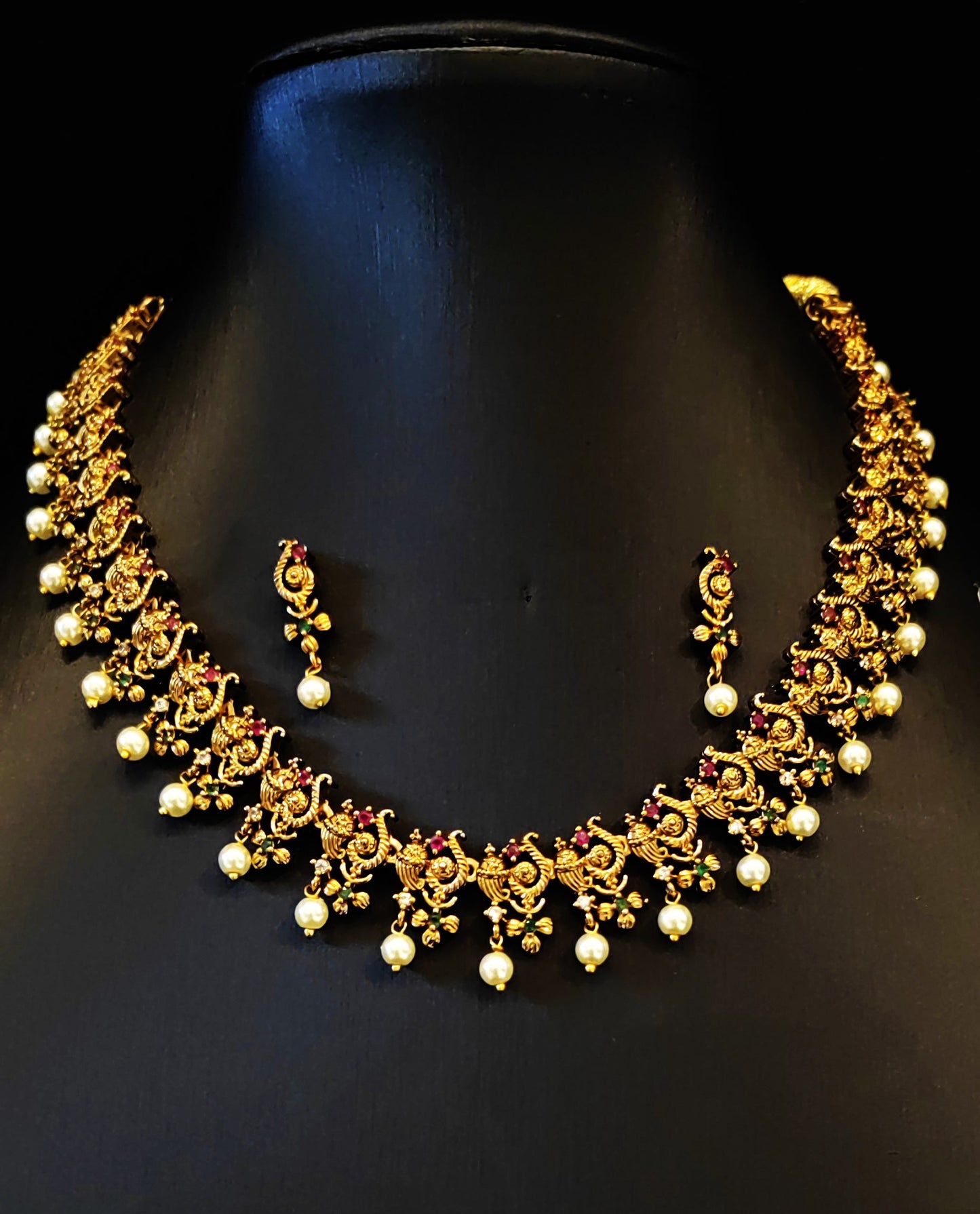 Temple Jewelery: Choker Set with Small Studs and Pearl Dangles in Rustic Gold Finish