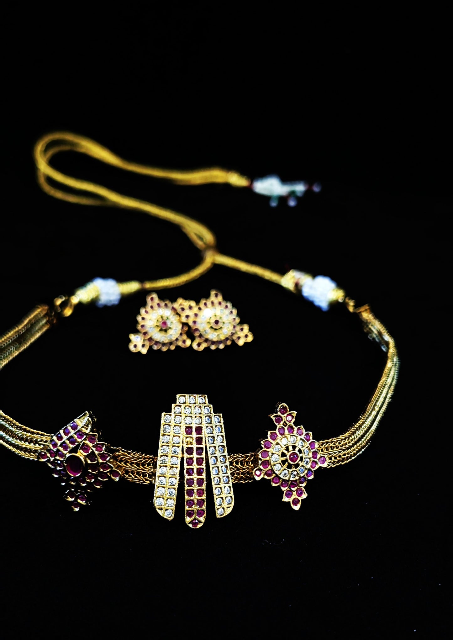 Temple Jewelery: Choker Necklace Set with Earrings in White and Ruby AD Stone