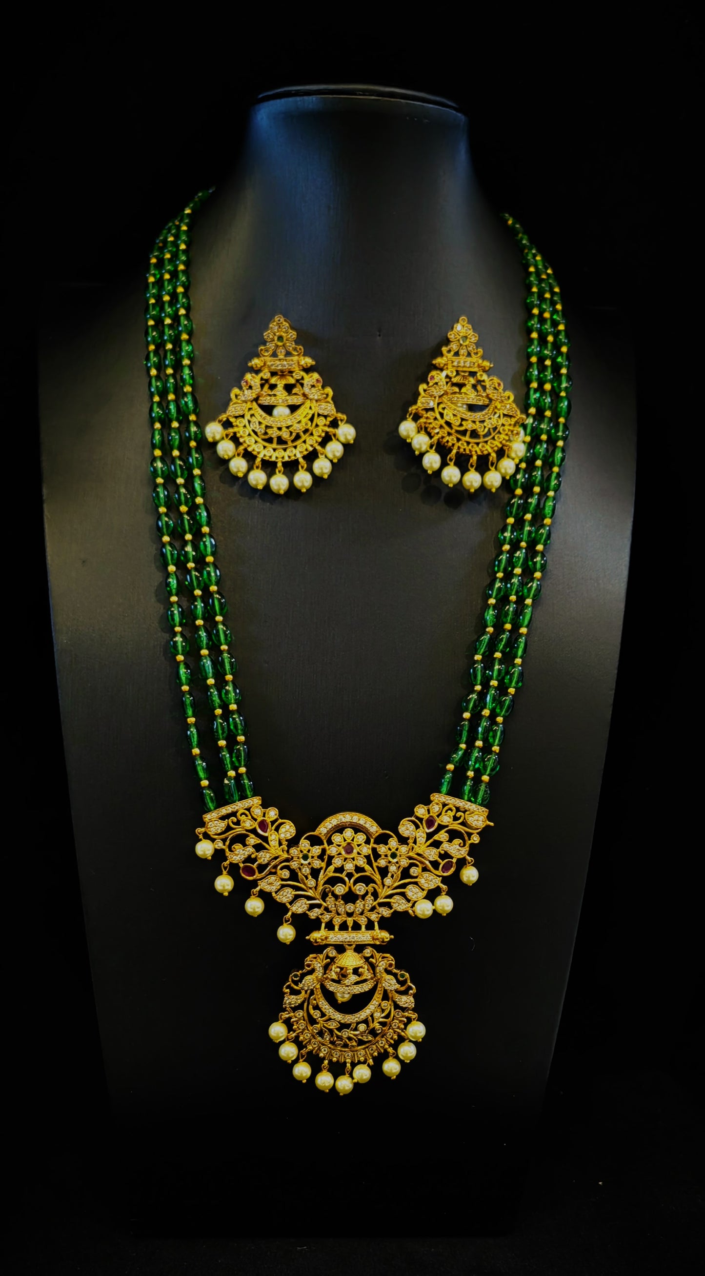 Temple Jewelery: Chand Bali Pendant Long Haram Set with Earrings in Bottle Green Color
