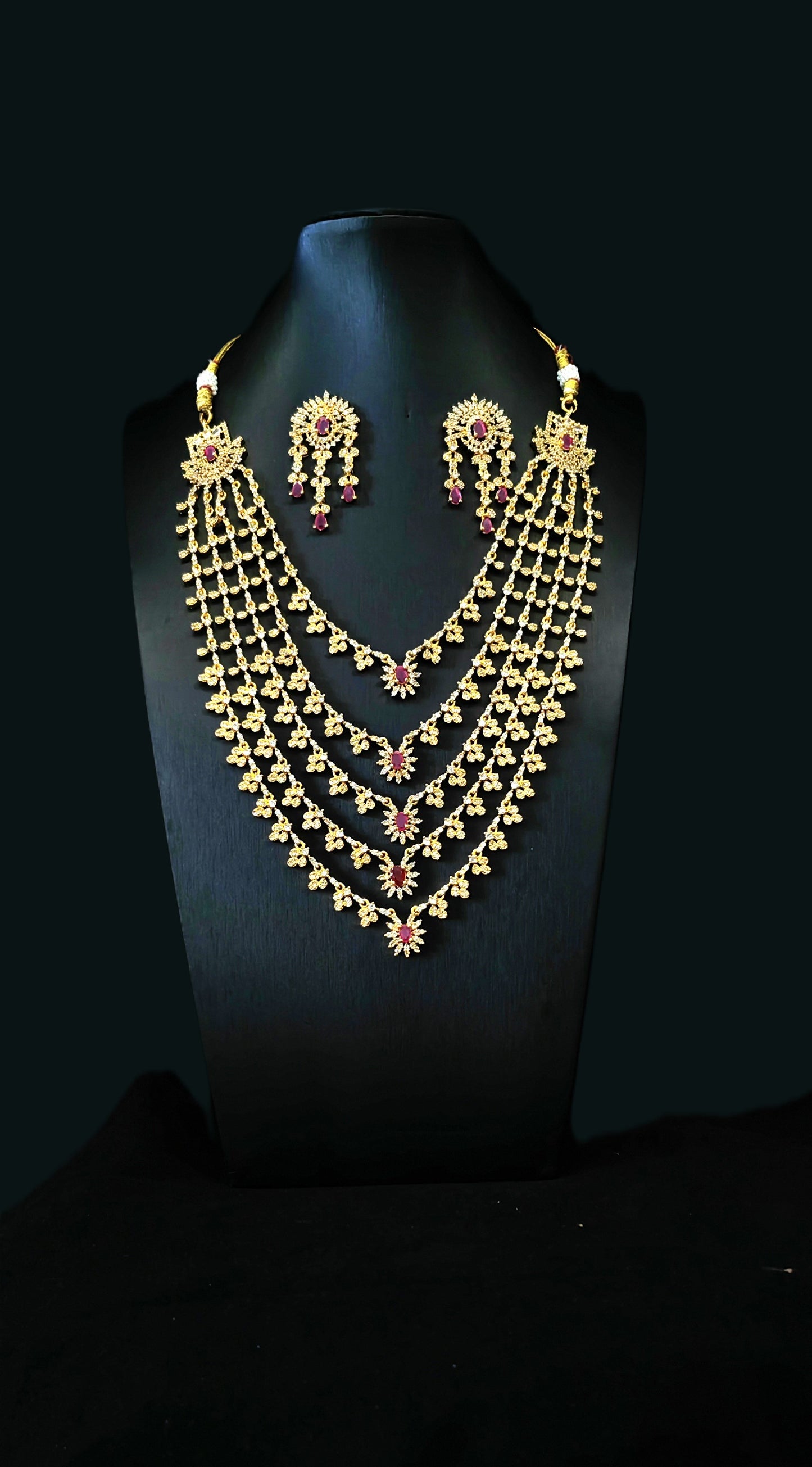 Regal Radiance: Five-Layered Bridal Temple Ensemble with Earrings