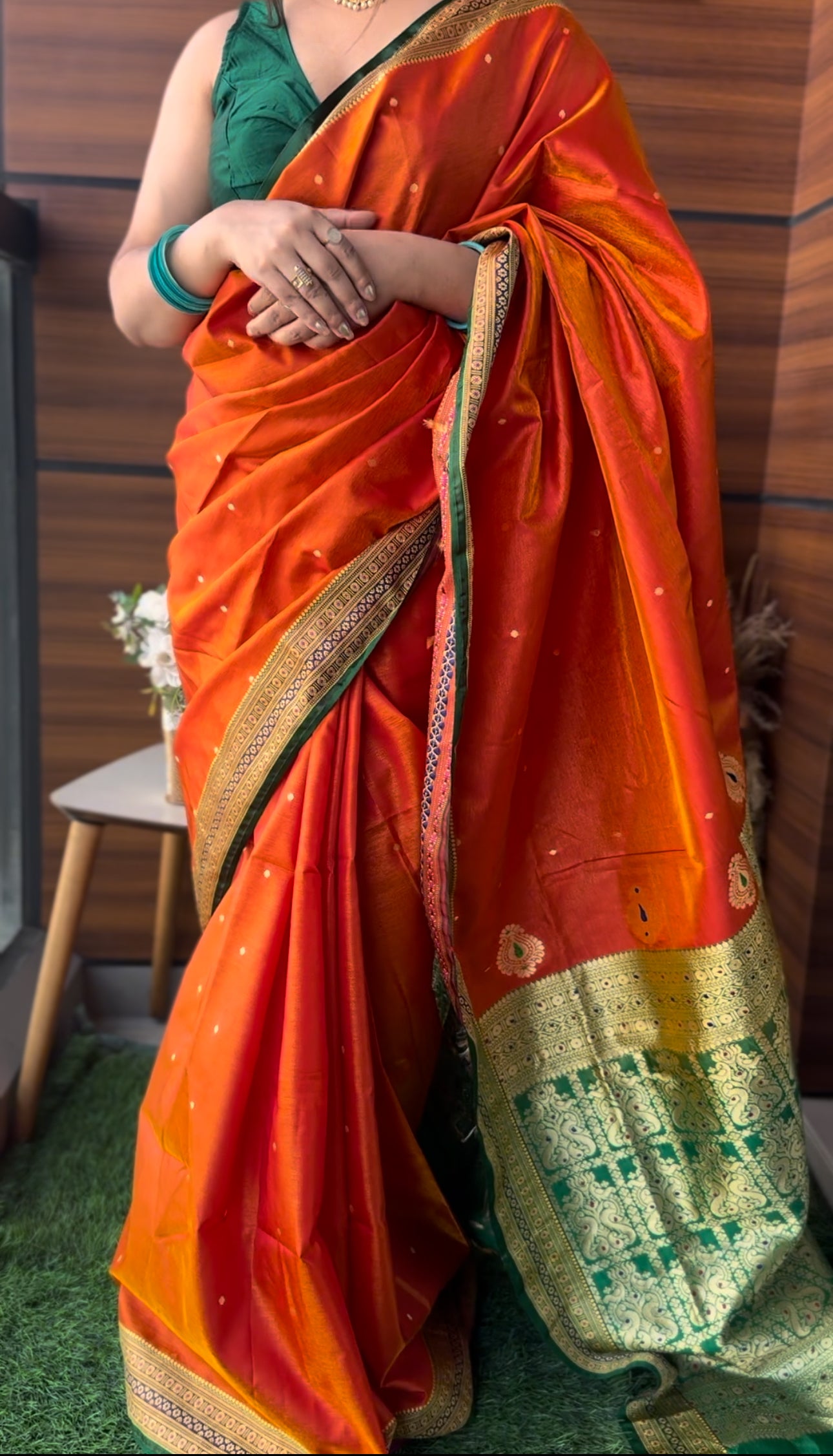 Fiery Elegance Red Orange Satin Silk Saree