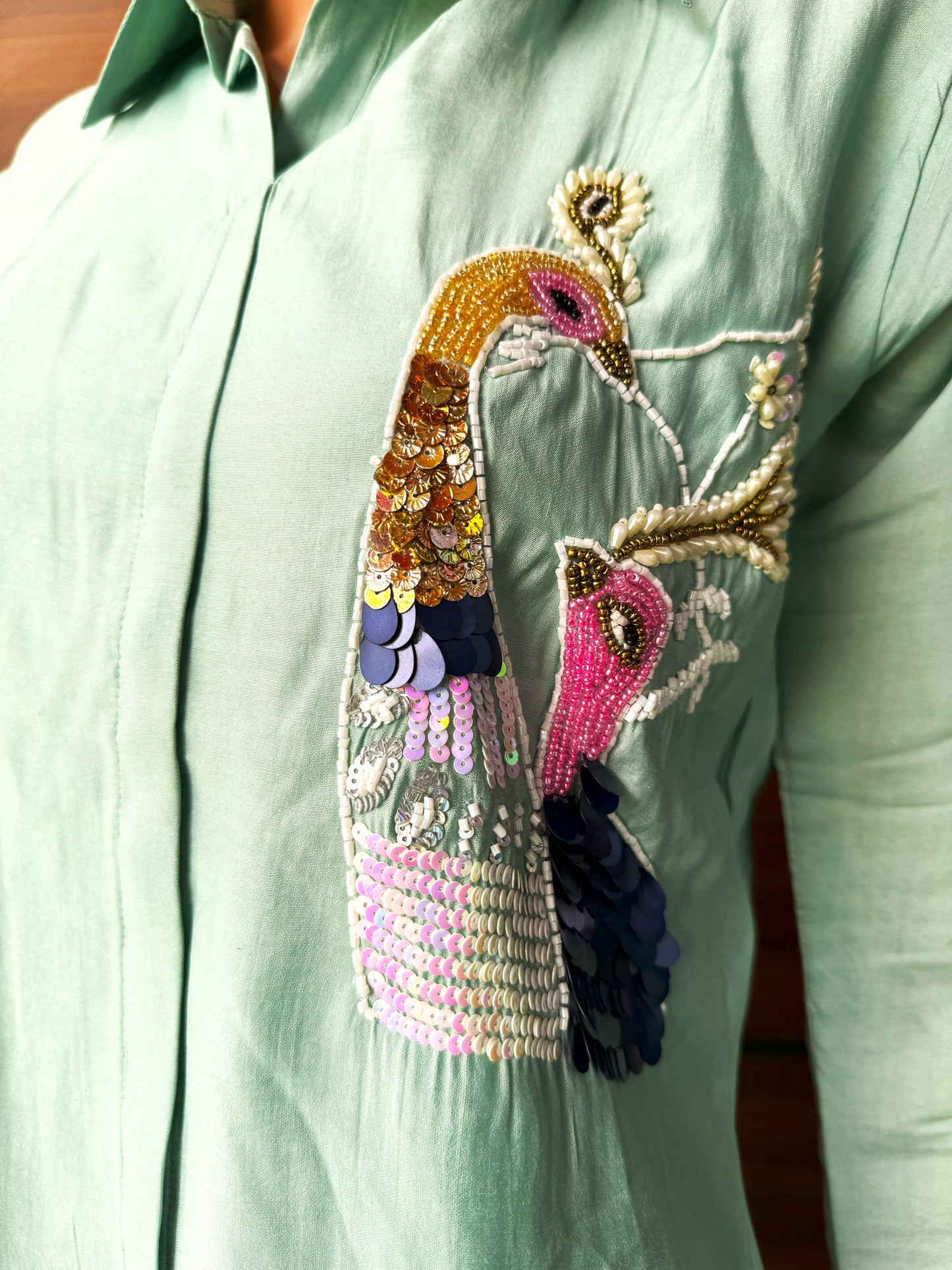 Handcrafted Peacock Perfection Summer Co-ord Set in pastel Pistachio color