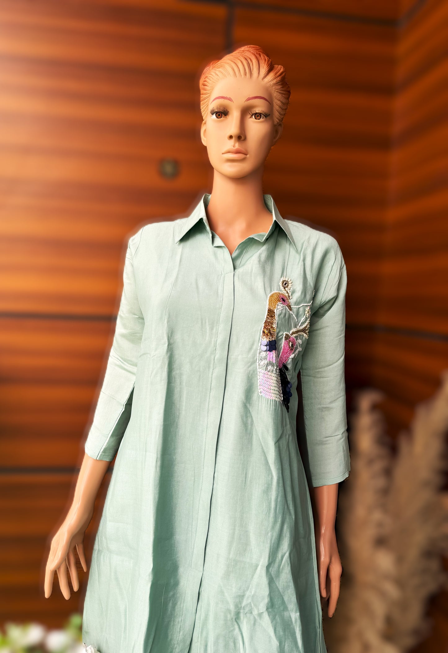 Handcrafted Peacock Perfection Summer Co-ord Set in pastel Pistachio color