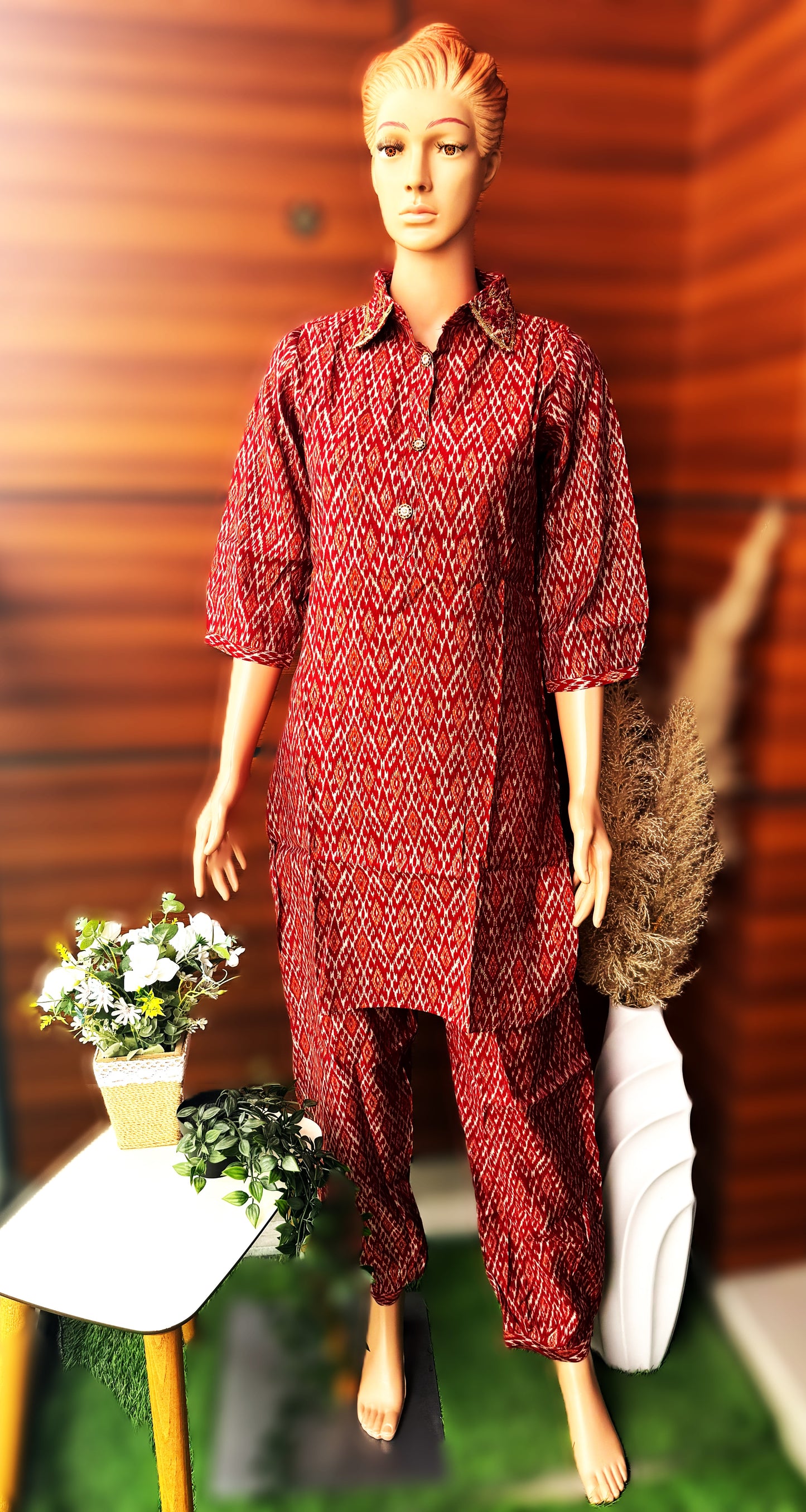 Afghani Red Color Co-Ord Set with Intricate Sali Beads Embroidery