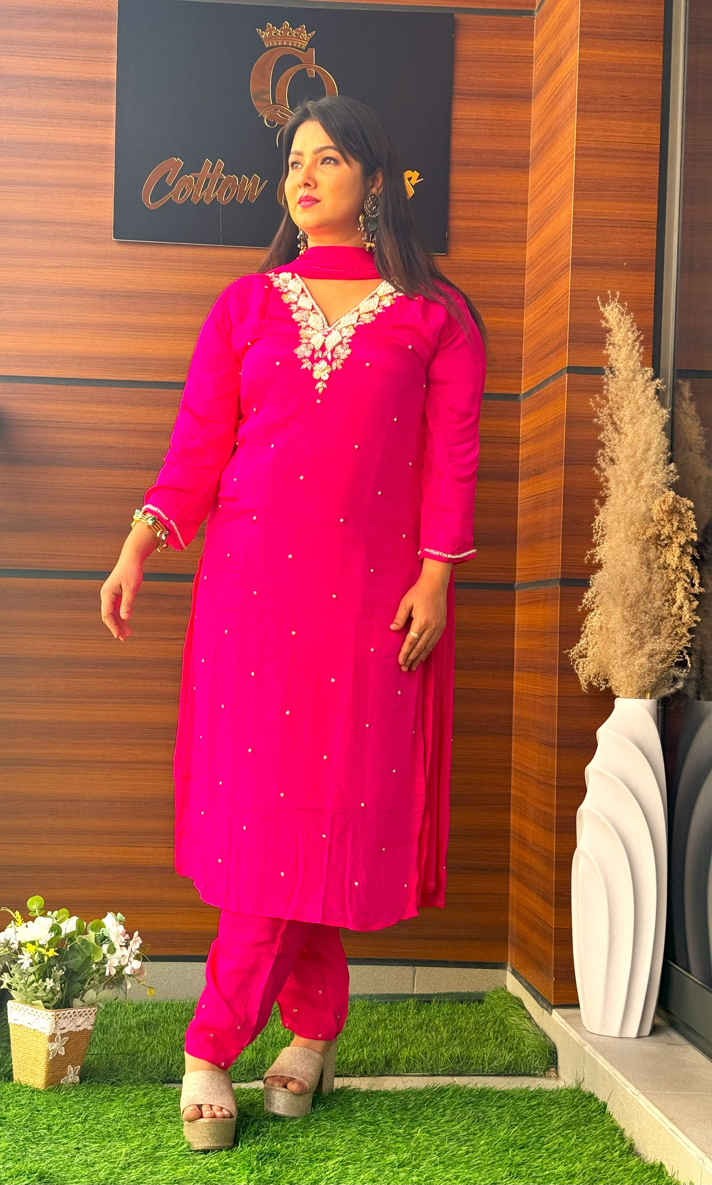 Chicky-Chik: Hot Pink Pearl Party Wear: Indian Three-Piece Suit for All Occasions