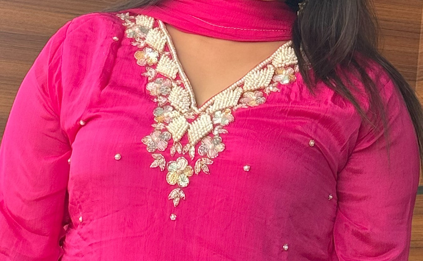 Chicky-Chik: Hot Pink Pearl Party Wear: Indian Three-Piece Suit for All Occasions