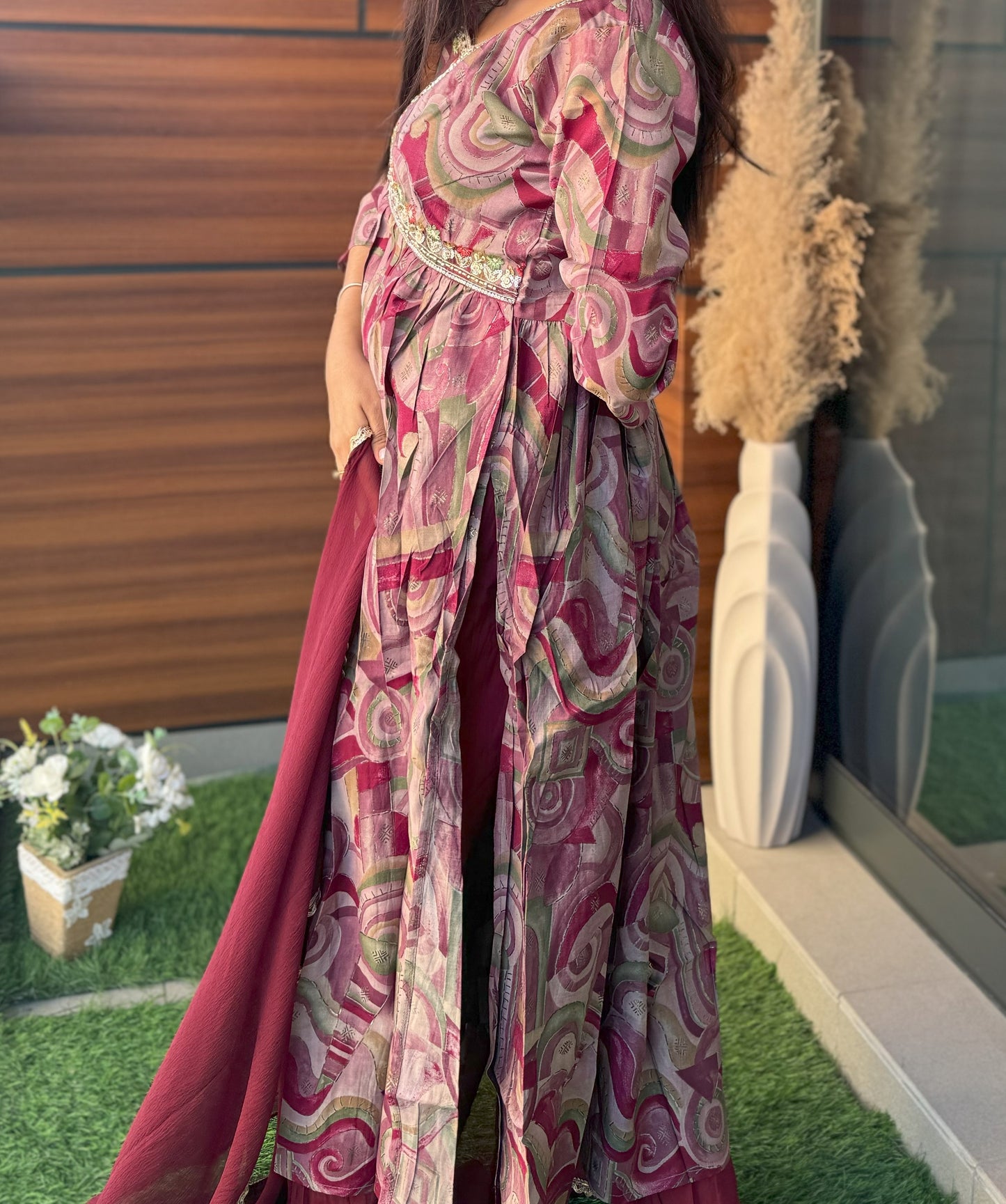Saheli: Glossy Wine Nayra Cut Three-Piece Suit: Stylish Sophistication for Women