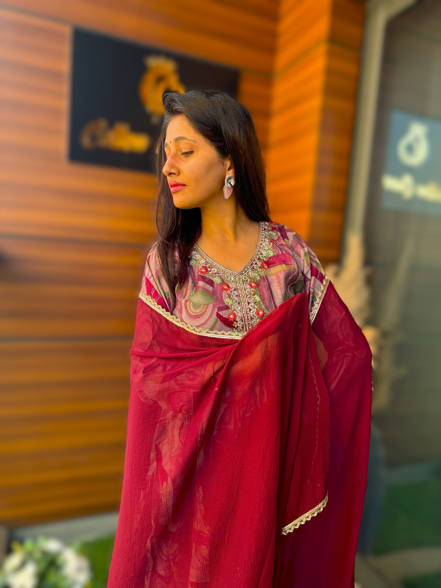 Saheli: Glossy Wine Nayra Cut Three-Piece Suit: Stylish Sophistication for Women
