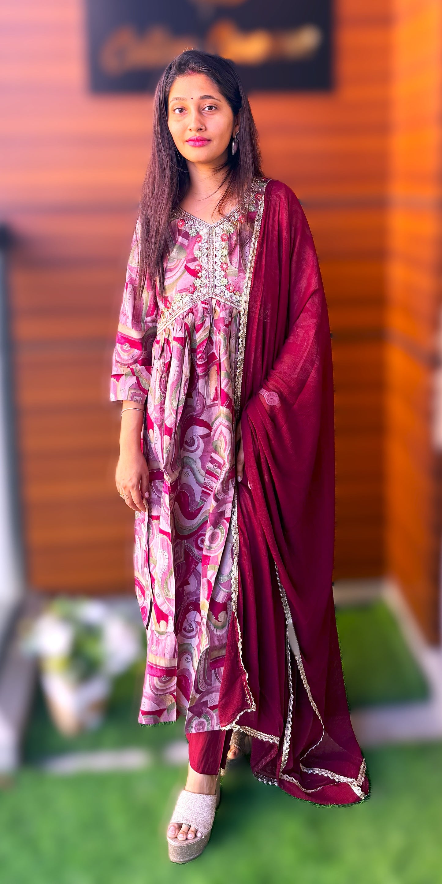 Saheli: Glossy Wine Nayra Cut Three-Piece Suit: Stylish Sophistication for Women