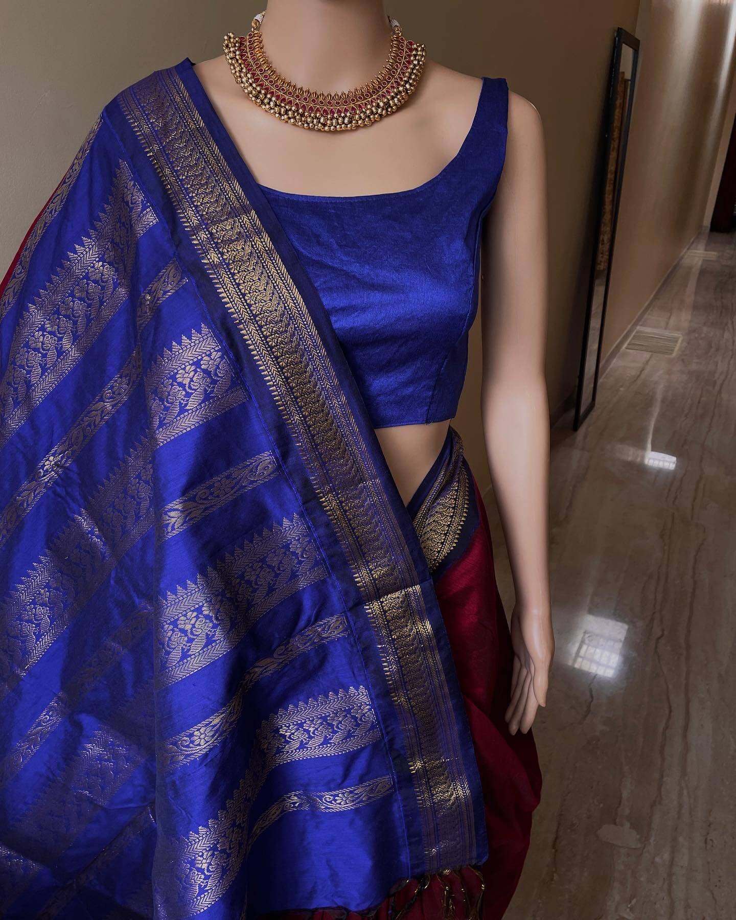 Peacock Splendor: Reddish Maroon Cotton Silk Saree With Blue golden peacock Border