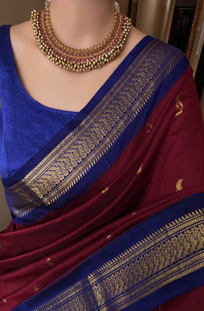 Peacock Splendor: Reddish Maroon Cotton Silk Saree With Blue golden peacock Border