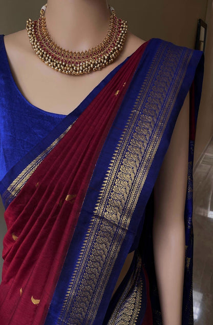 Peacock Splendor: Reddish Maroon Cotton Silk Saree With Blue golden peacock Border