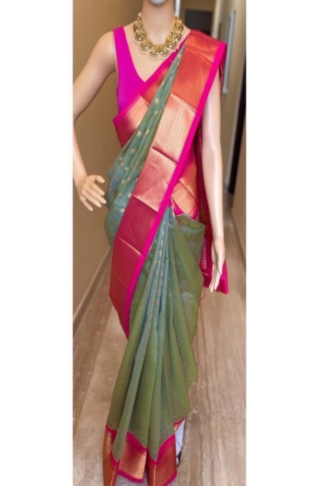 Mint Blossom Saree: Pastel Sea Green Kora Cotton