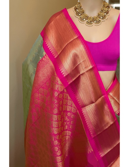 Mint Blossom Saree: Pastel Sea Green Kora Cotton