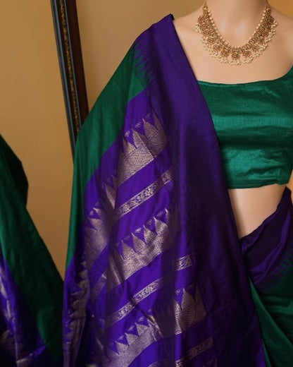 Temple Saree: Forest Green Silk Cotton Saree With Violet Temple Border