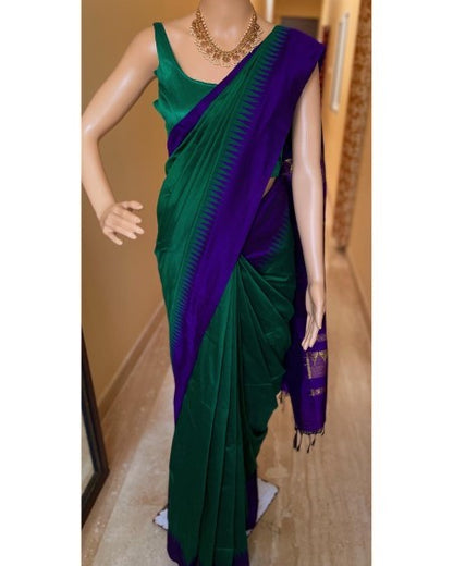 Temple Saree: Forest Green Silk Cotton Saree With Violet Temple Border