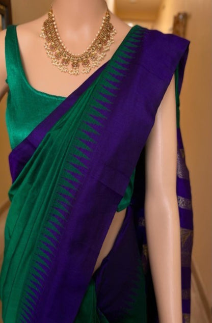 Temple Saree: Forest Green Silk Cotton Saree With Violet Temple Border