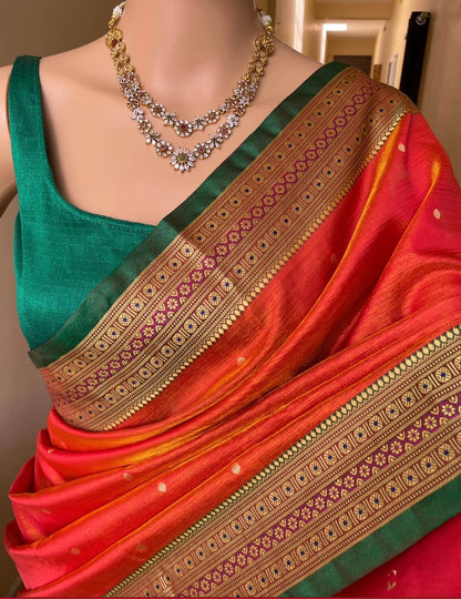 Fiery Elegance Red Orange Satin Silk Saree