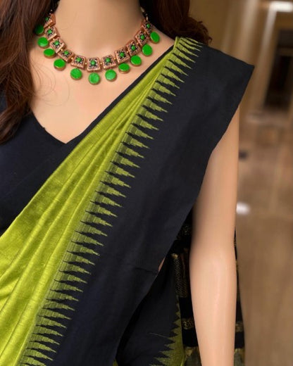 Temple Saree: Parrot Green Silk Cotton Saree With Black Temple Border