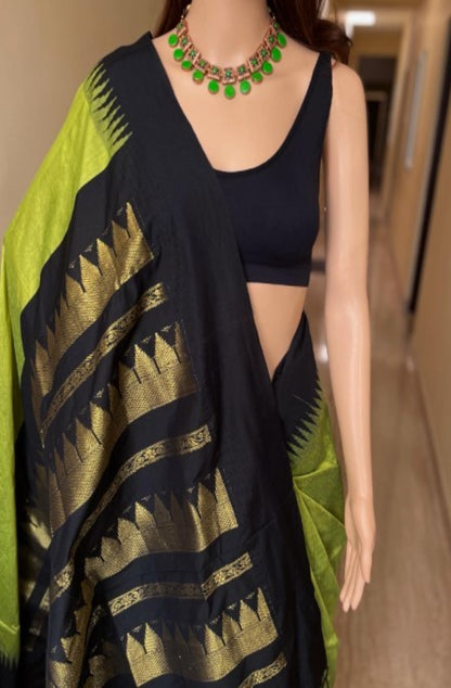 Temple Saree: Parrot Green Silk Cotton Saree With Black Temple Border