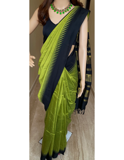 Temple Saree: Parrot Green Silk Cotton Saree With Black Temple Border