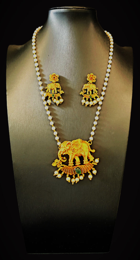 Temple Jewelry: Single Line Beads Chain with Elephant Pendant Long Necklace Set