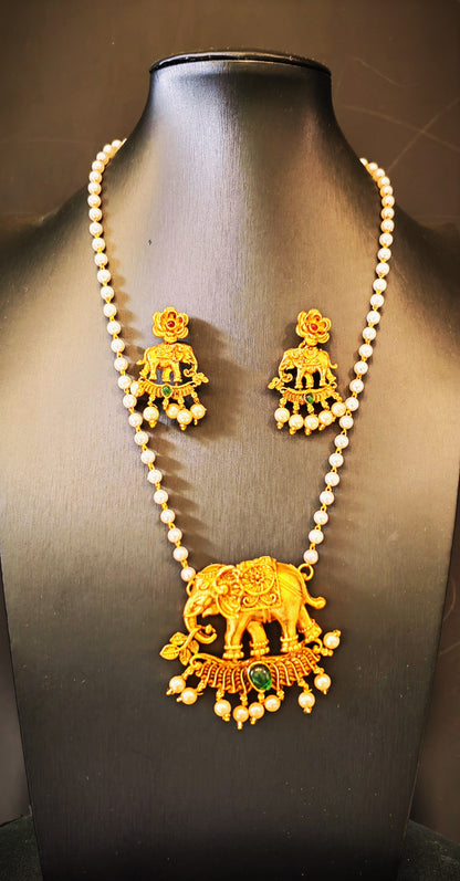 Temple Jewelry: Single Line Beads Chain with Elephant Pendant Long Necklace Set