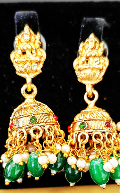 Brass Temple Choker Set with Laxmi ji and Elephant Motifs in Gold Finish