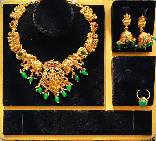 Brass Temple Choker Set with Laxmi ji and Elephant Motifs in Gold Finish