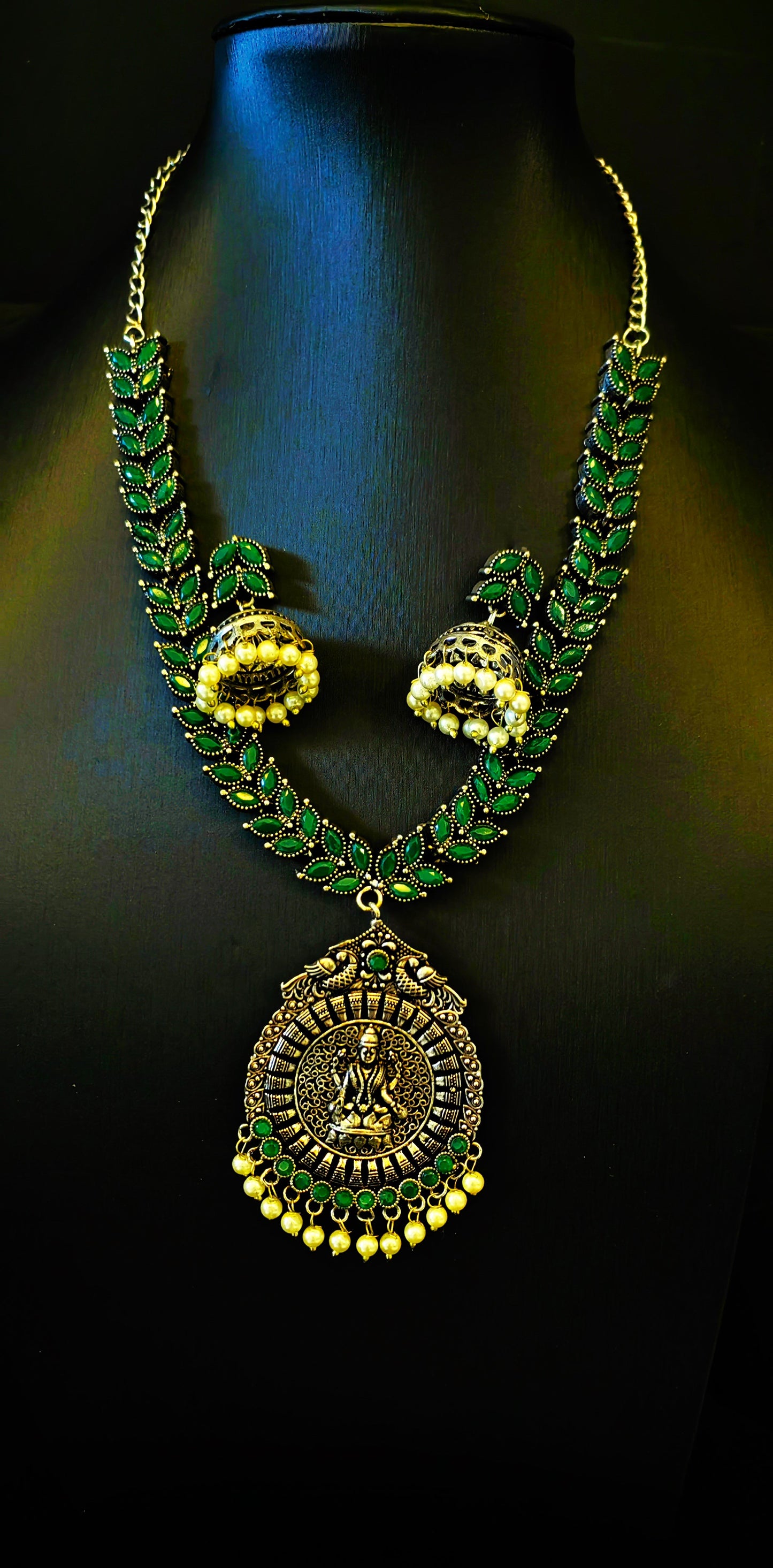 Brass Oxidized Bottle Green Necklace with Jhumka Set