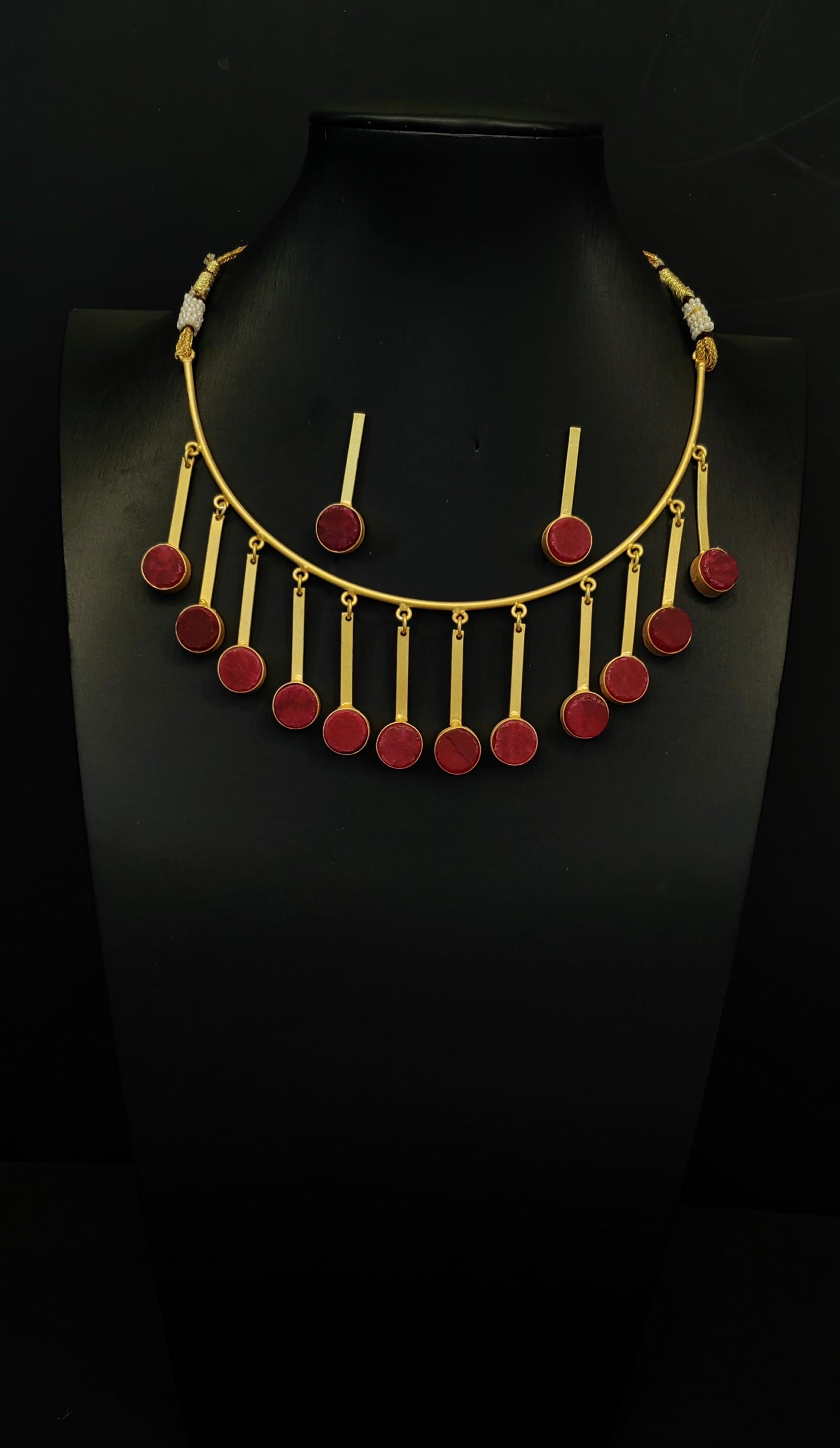 Hanging Brass Red Sea Stone Necklace in Gold Finish with Earrings