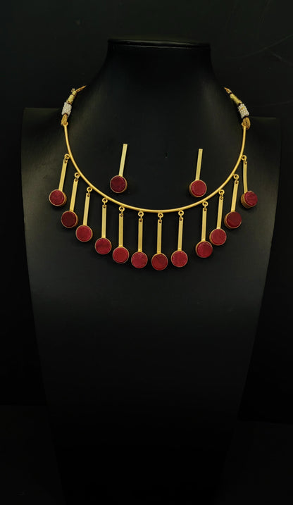 Hanging Brass Red Sea Stone Necklace in Gold Finish with Earrings