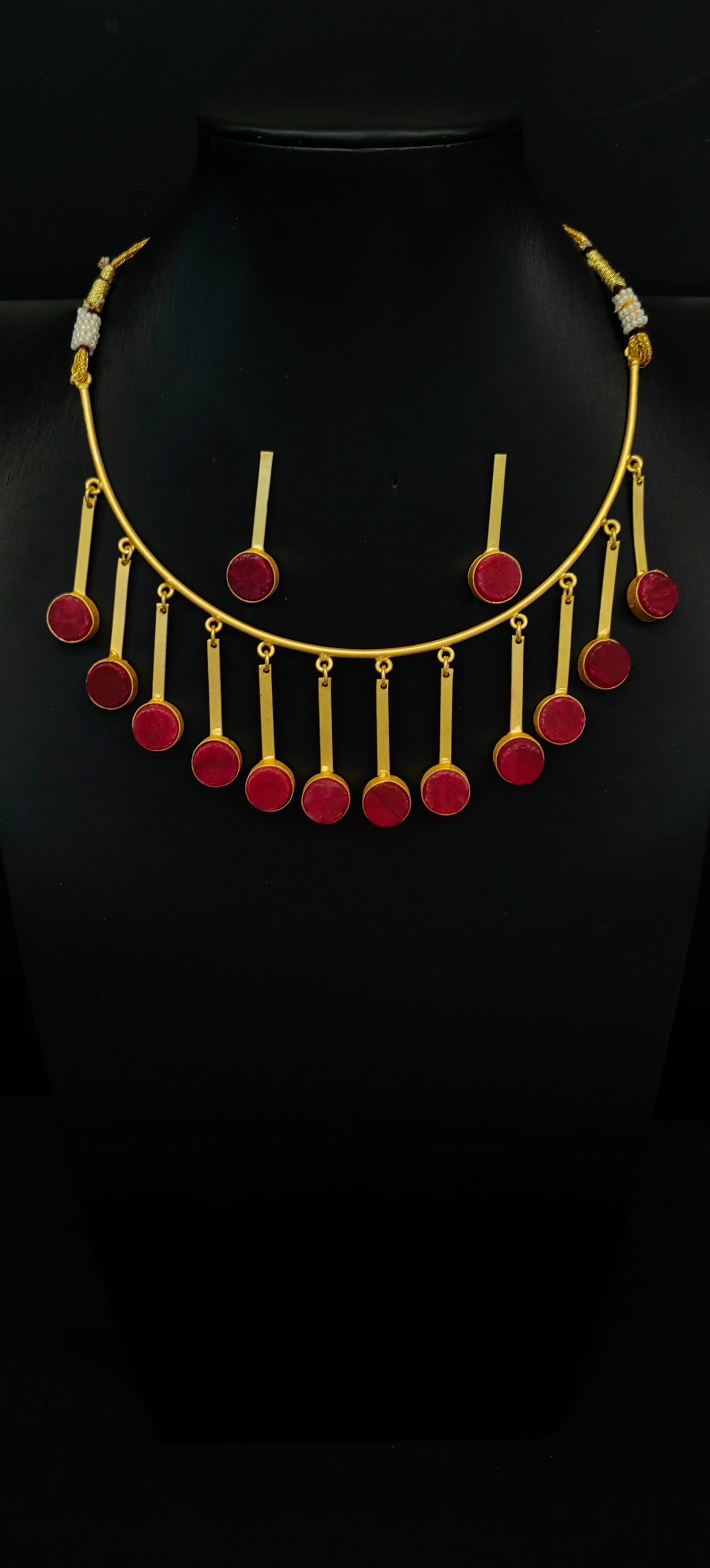 Hanging Brass Red Sea Stone Necklace in Gold Finish with Earrings