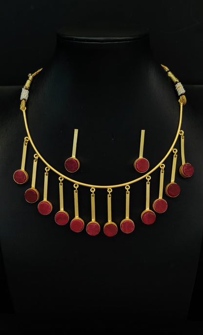 Hanging Brass Red Sea Stone Necklace in Gold Finish with Earrings