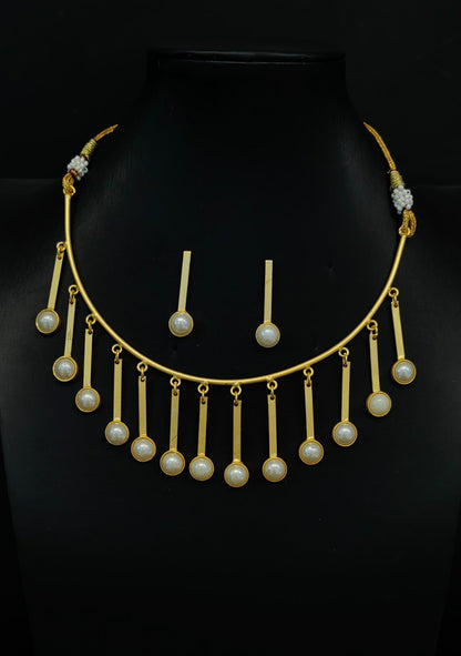 Hanging Brass Pearl Necklace in Gold Finish with Earrings