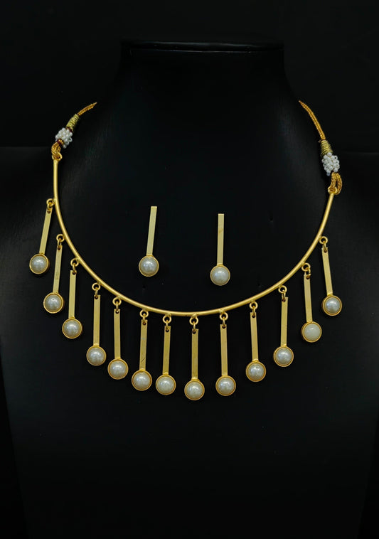 Hanging Brass Pearl Necklace in Gold Finish with Earrings