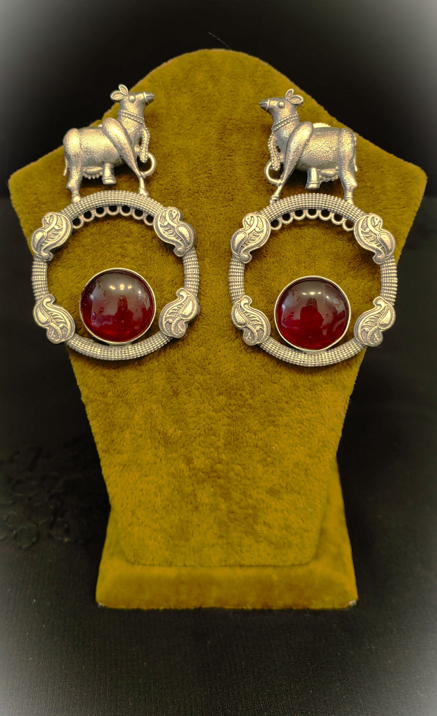 Fancy Brass Round Earrings, Showcasing Bull Motif and Stone Timeless Elegance.