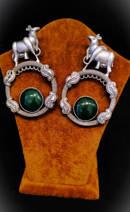 Fancy Brass Round Earrings, Showcasing Bull Motif and Stone Timeless Elegance.