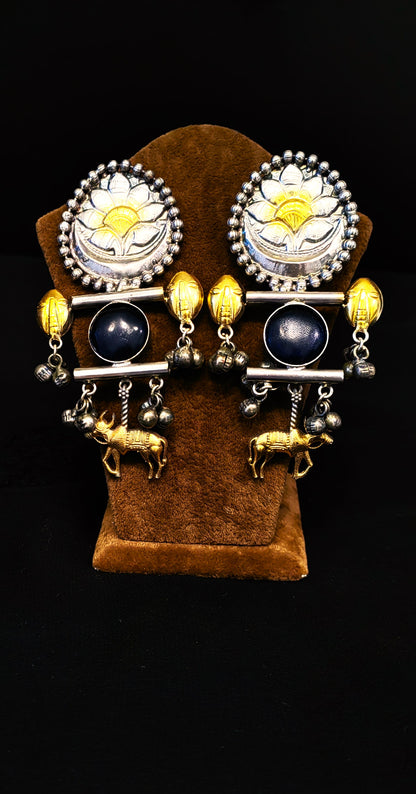 Fancy Dual Shade Hanging Brass Earrings, Highlighting Bull Motif and Stone Embellishments