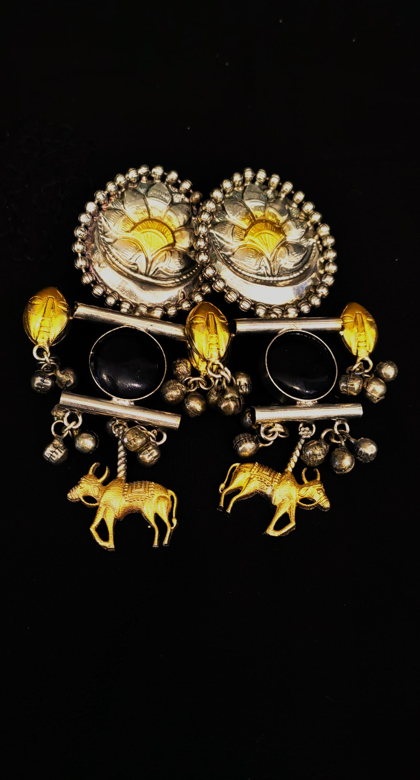 Fancy Dual Shade Hanging Brass Earrings, Highlighting Bull Motif and Stone Embellishments