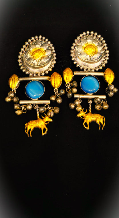 Fancy Dual Shade Hanging Brass Earrings, Highlighting Bull Motif and Stone Embellishments