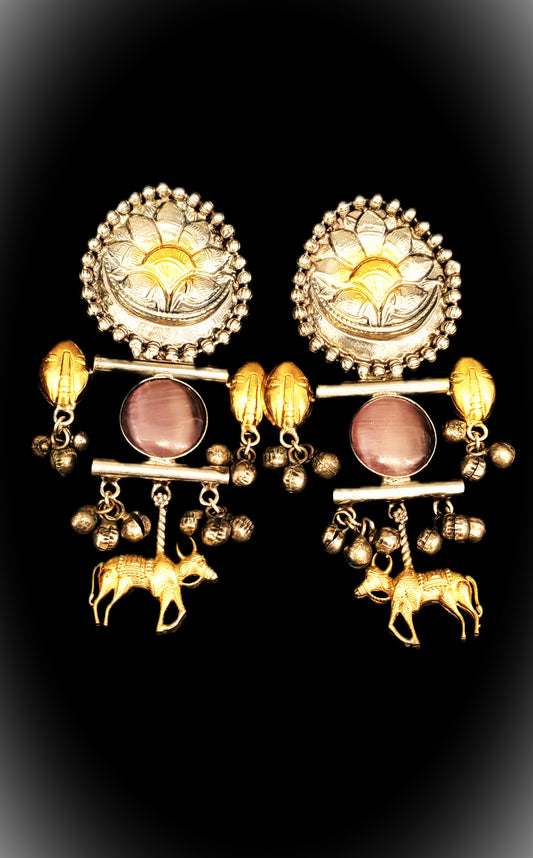 Fancy Dual Shade Hanging Brass Earrings, Highlighting Bull Motif and Stone Embellishments