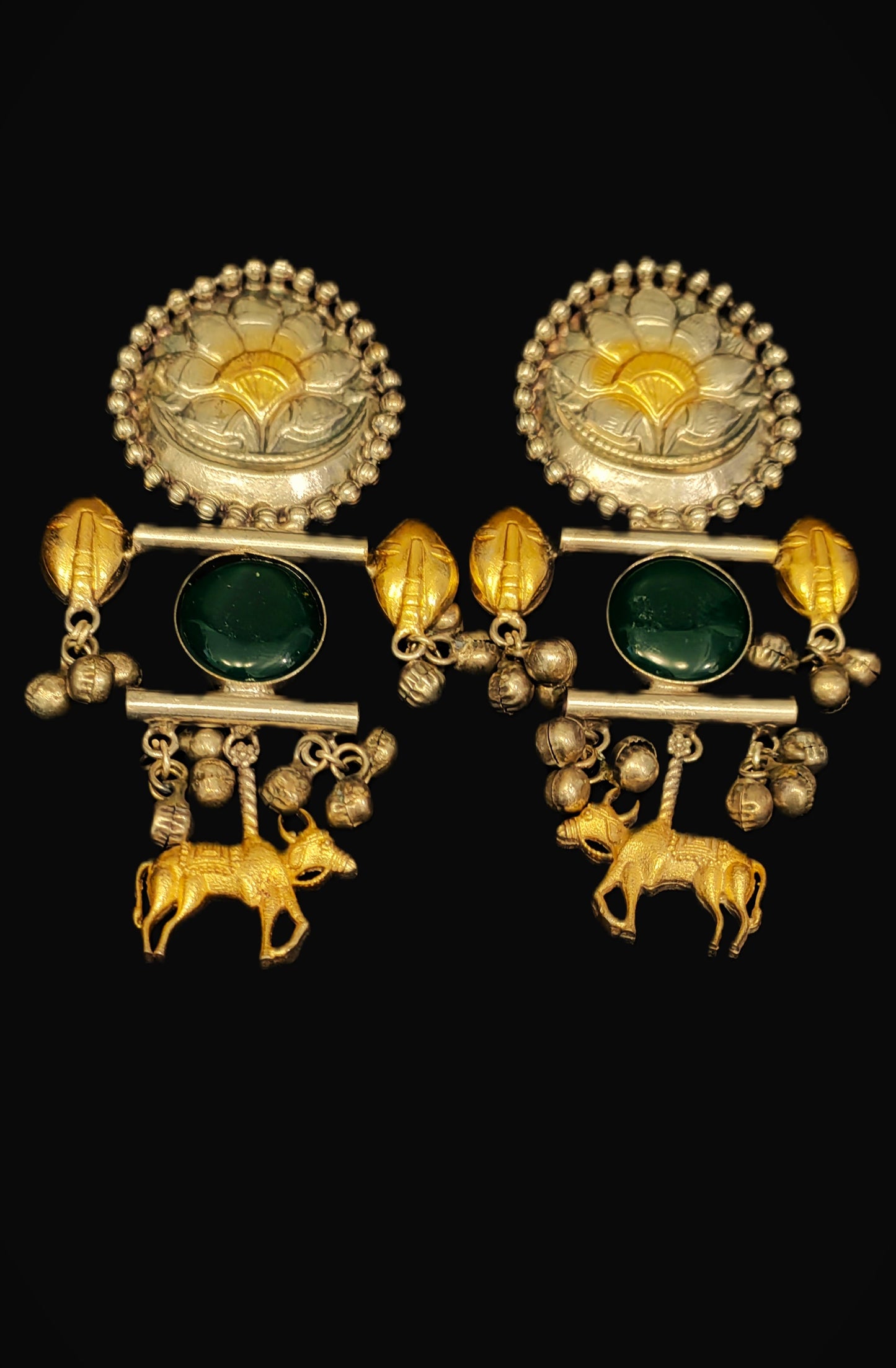 Fancy Dual Shade Hanging Brass Earrings, Highlighting Bull Motif and Stone Embellishments