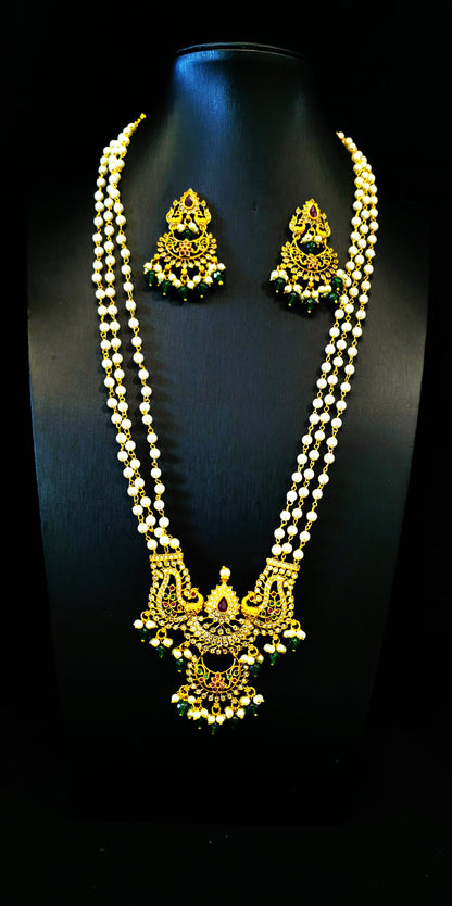 Three layered pearl chain Kemp Pendant Long Haram Set in Matte Golden Finish