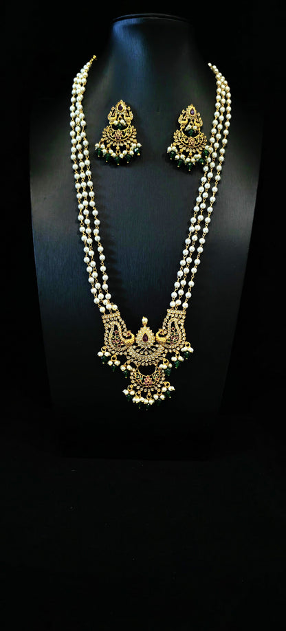 Three layered pearl chain Kemp Pendant Long Haram Set in Matte Golden Finish