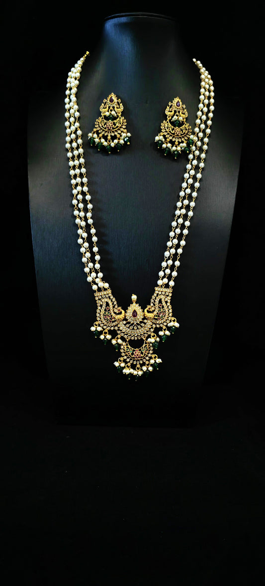 Three layered pearl chain Kemp Pendant Long Haram Set in Matte Golden Finish