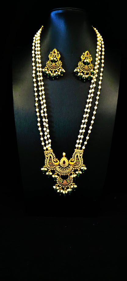 Three layered pearl chain Kemp Pendant Long Haram Set in Matte Golden Finish